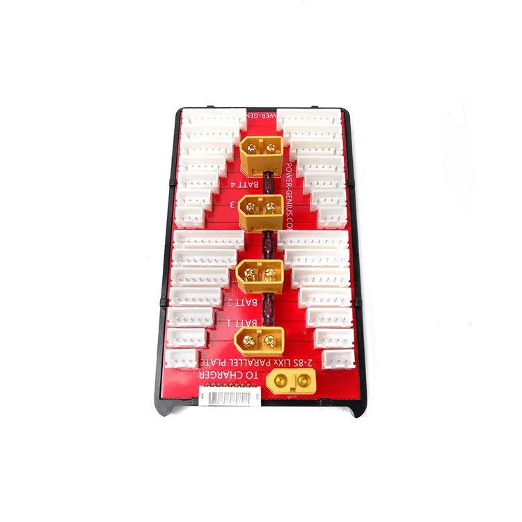 V2 parallel charging board with gold connectors and silicone wire for charging four LiPo battery packs