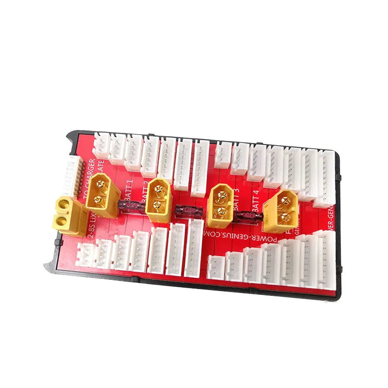 V2 parallel charging board with gold connectors and silicone wire for charging four LiPo battery packs