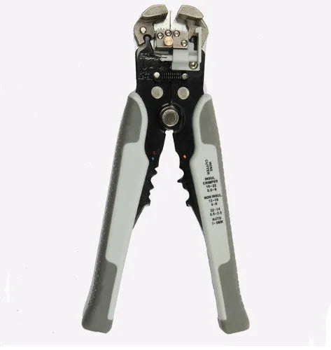 Yellow automatic wire stripper crimper cutter multitool with adjustment screw and alloy steel jaws