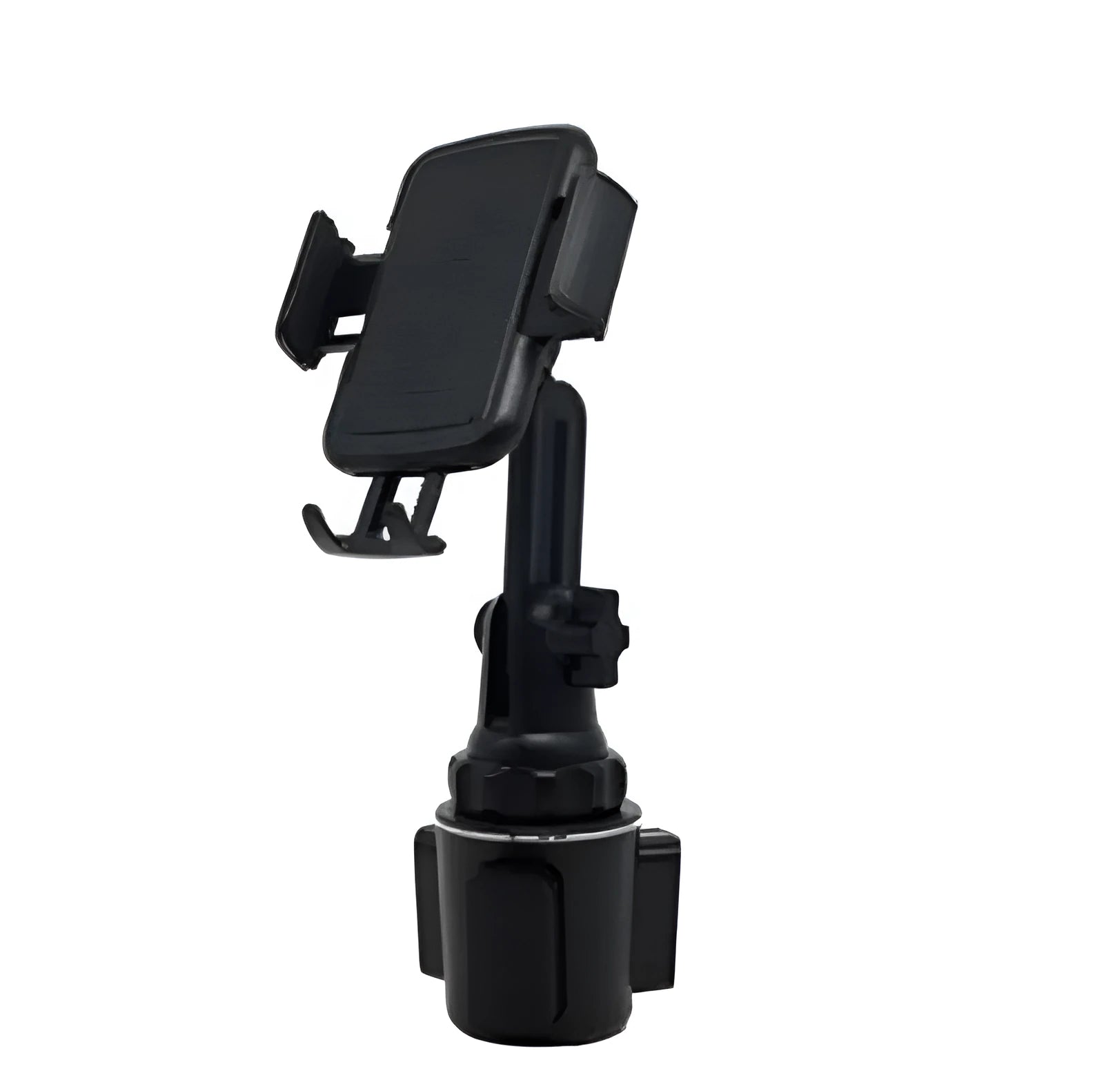 Black car phone holder with adjustable height and 360-degree rotation for mobile phones and tablets