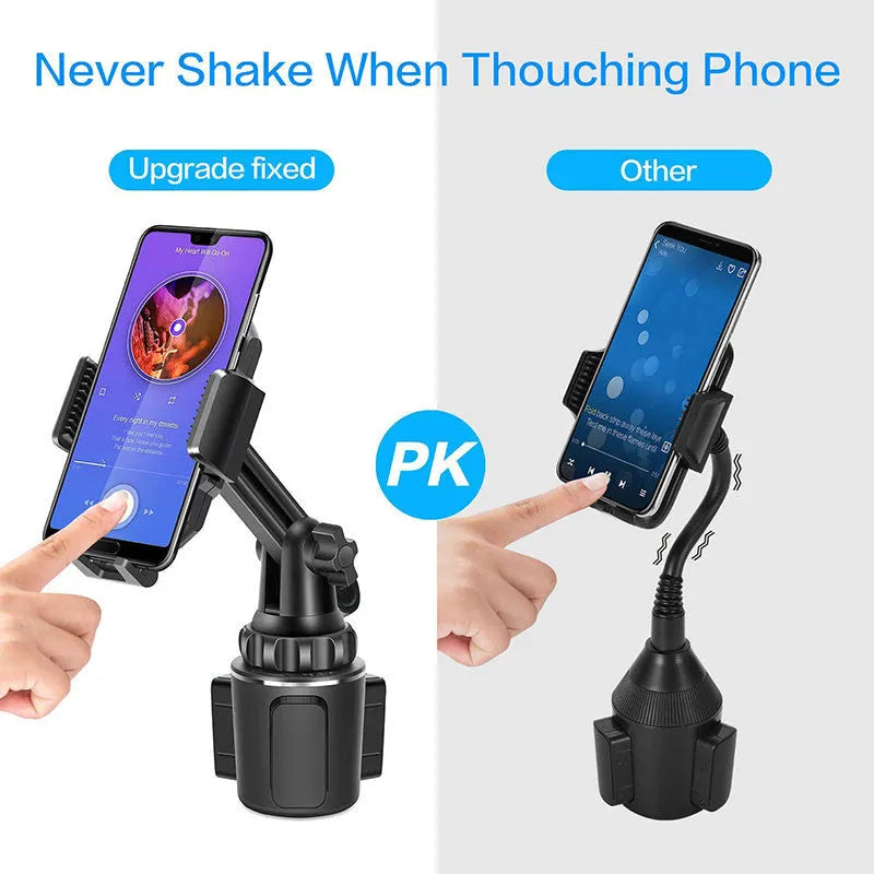 Black car phone holder with adjustable height and 360-degree rotation for mobile phones and tablets
