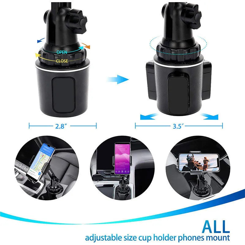 Black car phone holder with adjustable height and 360-degree rotation for mobile phones and tablets