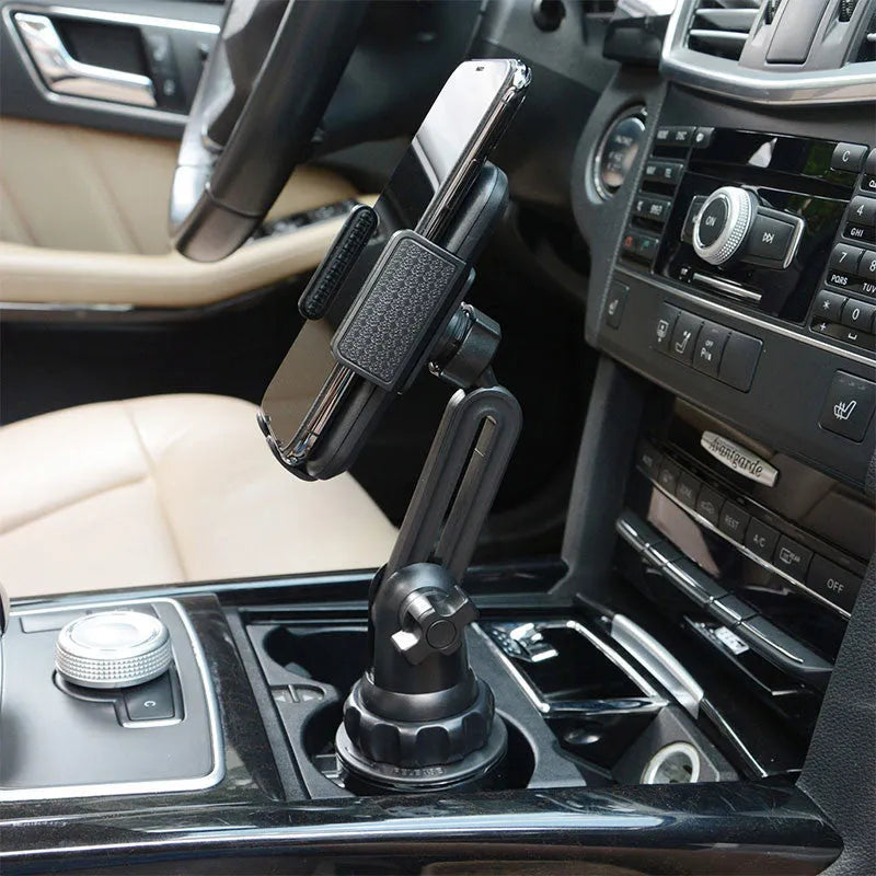 Black car phone holder with adjustable height and 360-degree rotation for mobile phones and tablets