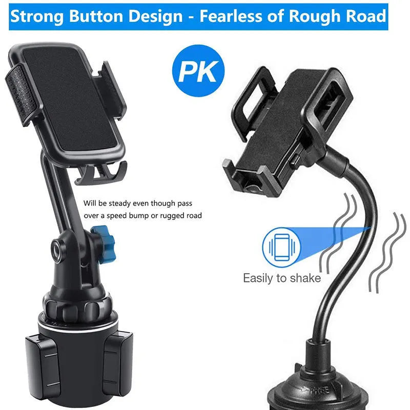Black car phone holder with adjustable height and 360-degree rotation for mobile phones and tablets