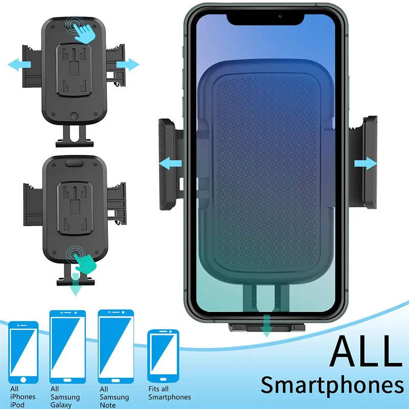 Black car phone holder with adjustable height and 360-degree rotation for mobile phones and tablets