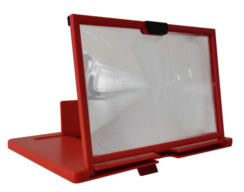 Black desktop phone magnifier bracket holding a mobile phone, showing an enlarged screen through its 3D HD lens.