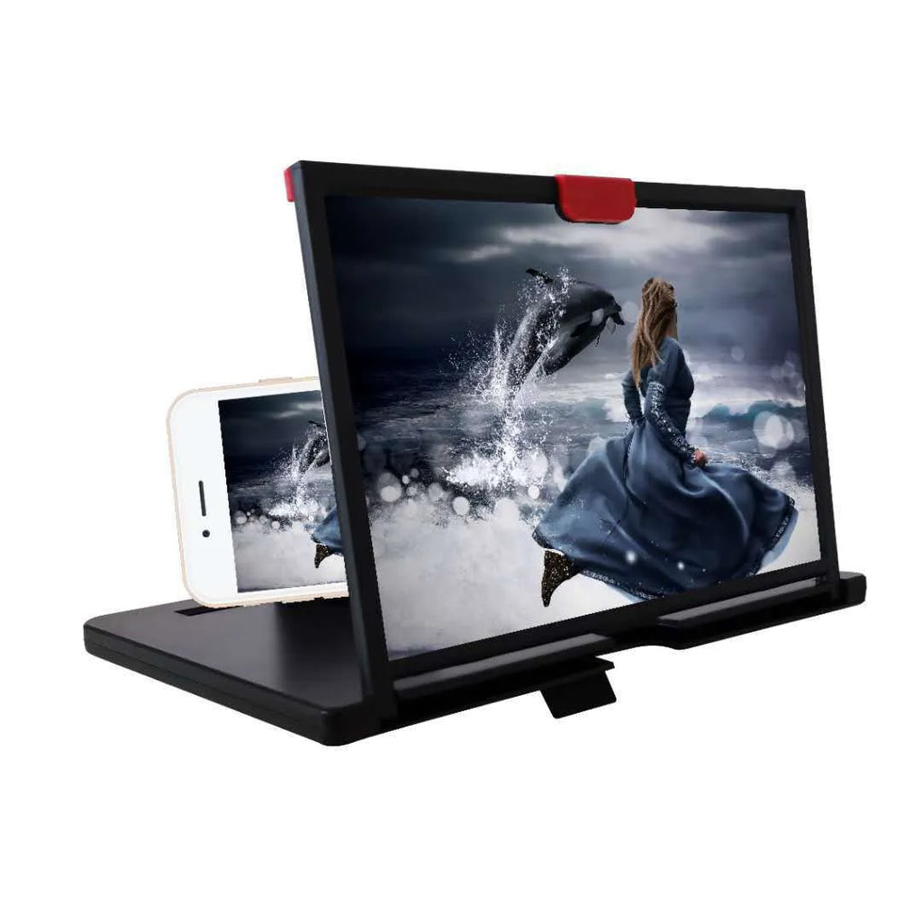 Black desktop phone magnifier bracket holding a mobile phone, showing an enlarged screen through its 3D HD lens.