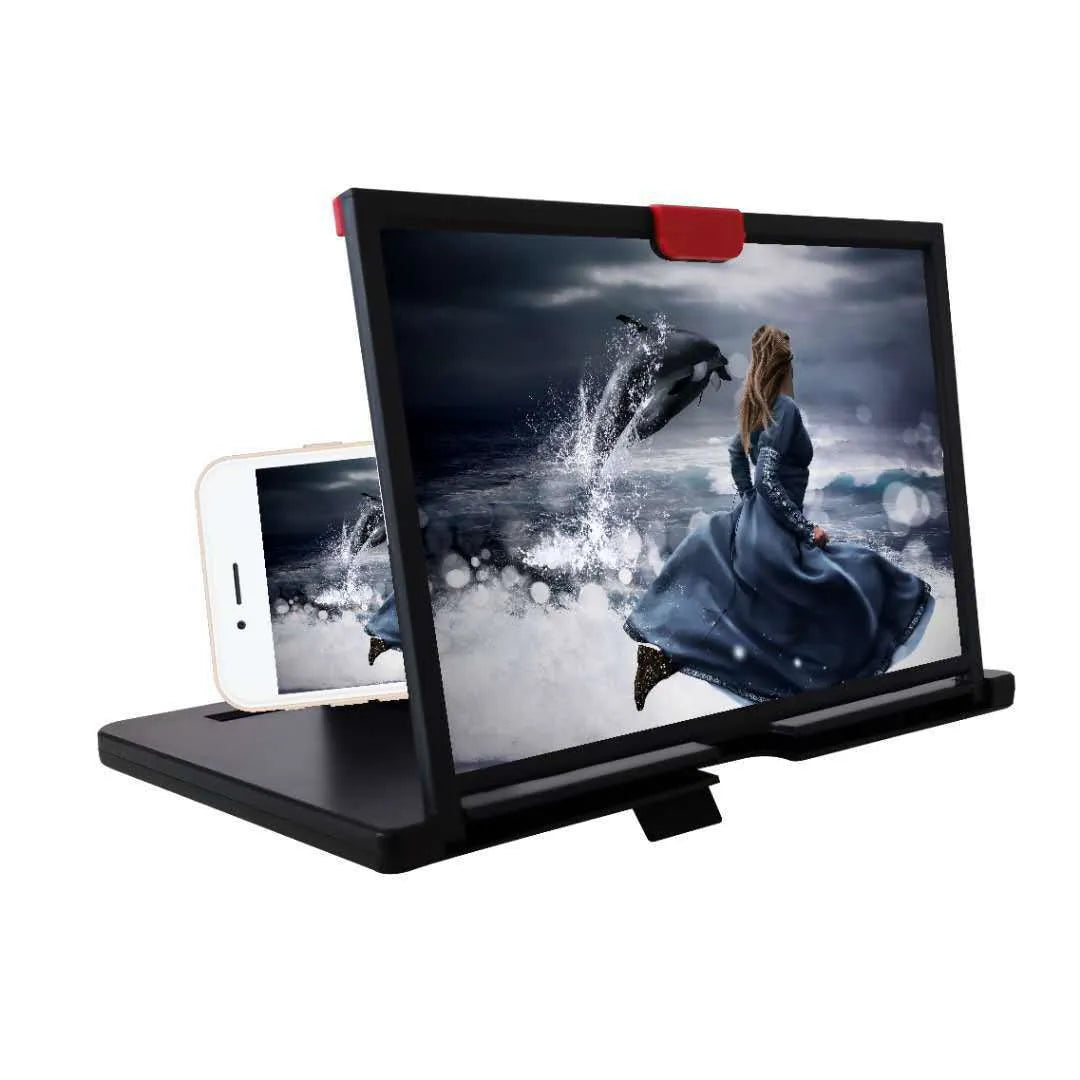 Black desktop phone magnifier bracket holding a mobile phone, showing an enlarged screen through its 3D HD lens.