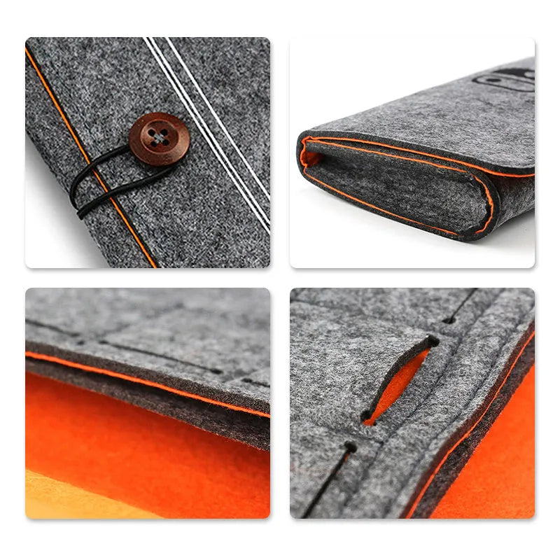 Black Nintendo Switch felt pouch case open, showing console slot and 5-game card holder.