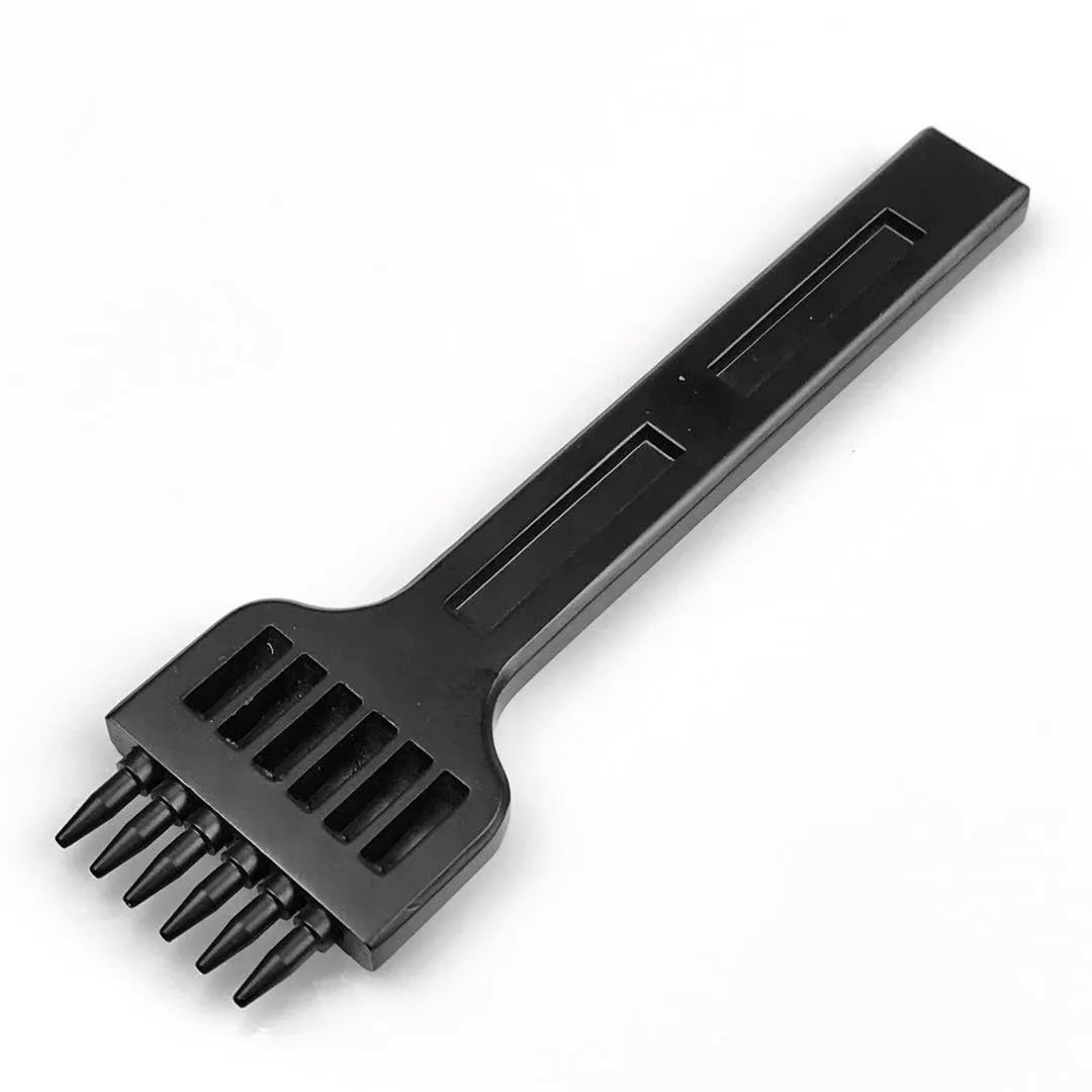 Black manual leather hole punching tool with a row of teeth for creating stitch holes.
