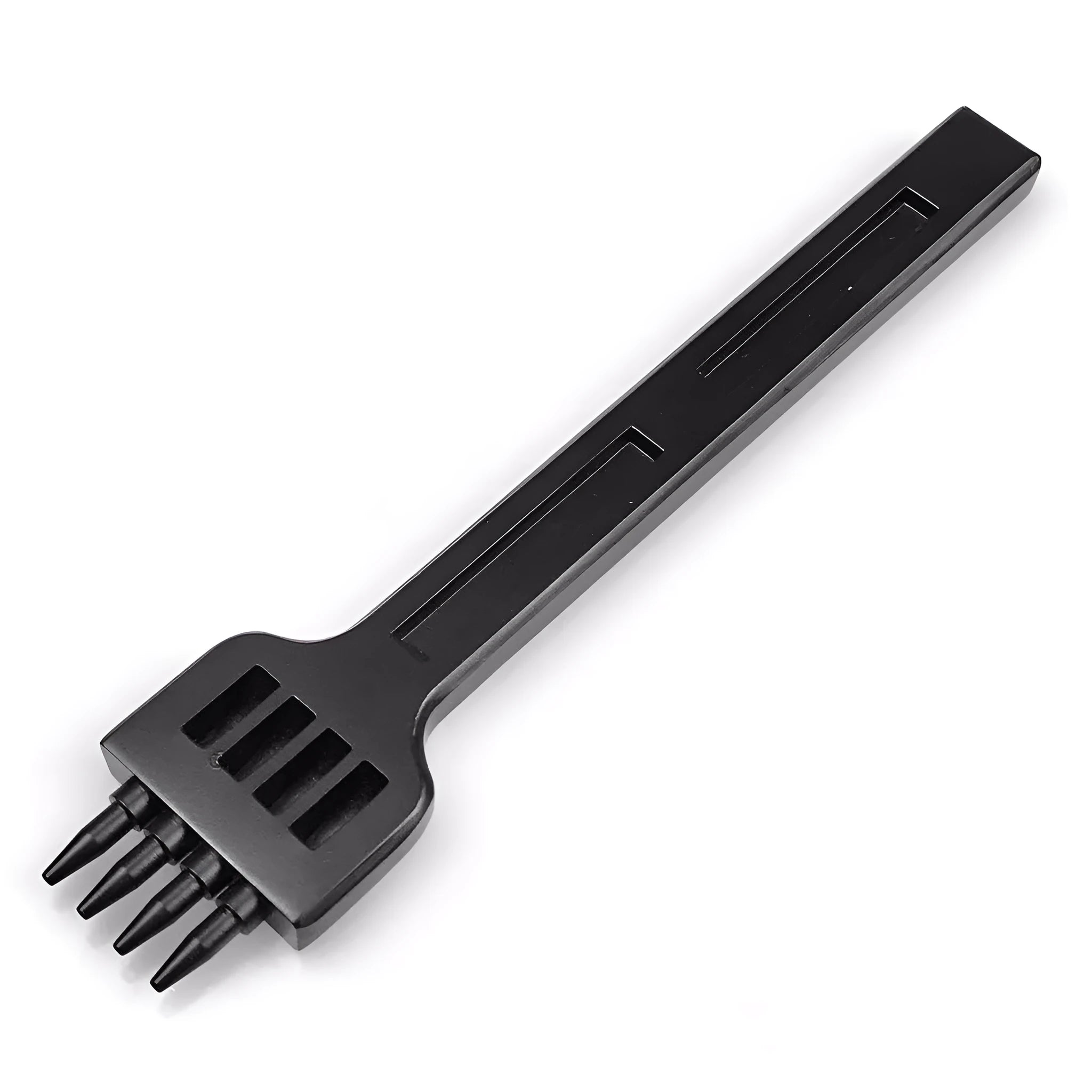 Black manual leather hole punching tool with a row of teeth for creating stitch holes.