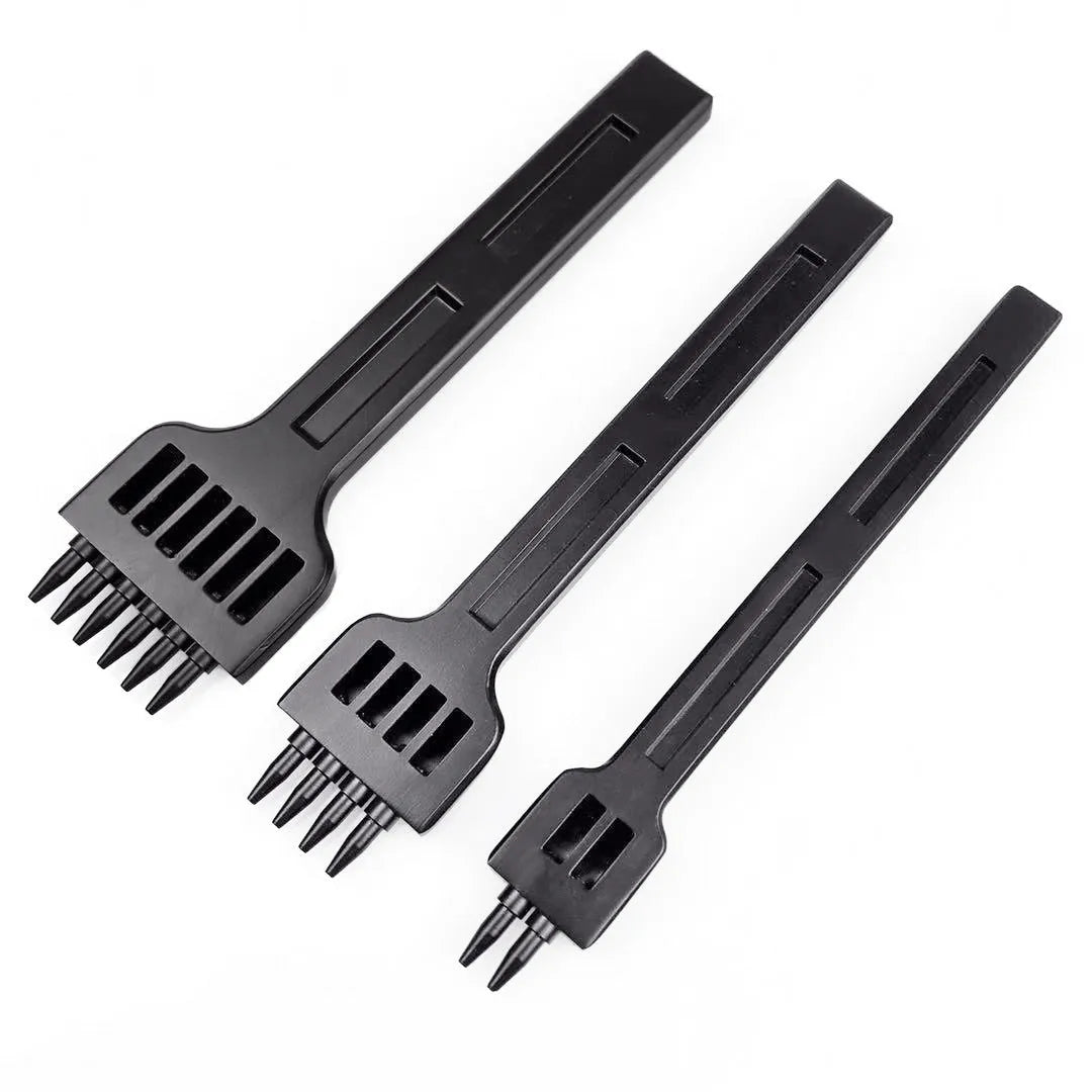 Black manual leather hole punching tool with a row of teeth for creating stitch holes.