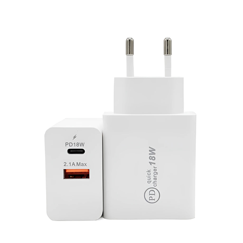 White or black 18W USB-C PD fast wall charger with US and EU plug options