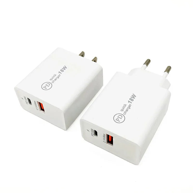 White or black 18W USB-C PD fast wall charger with US and EU plug options