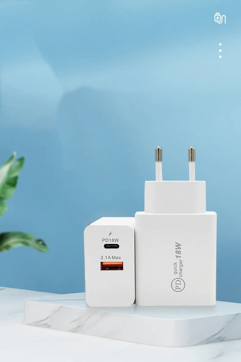 White or black 18W USB-C PD fast wall charger with US and EU plug options