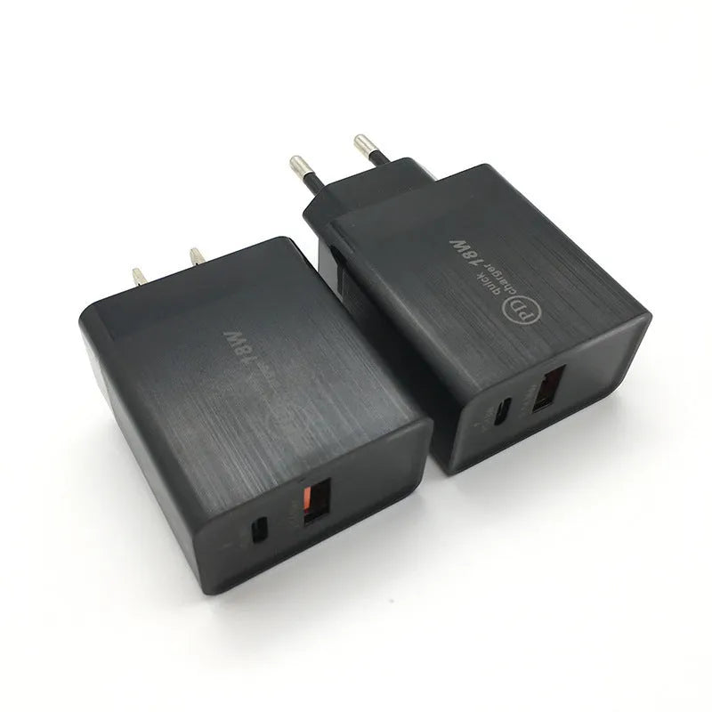 White or black 18W USB-C PD fast wall charger with US and EU plug options