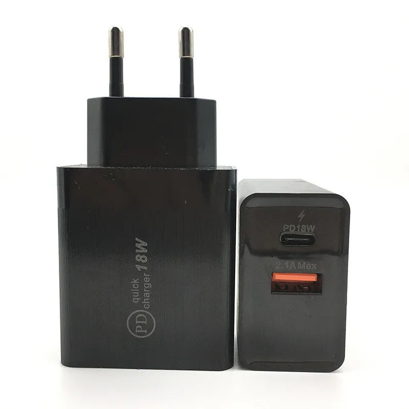 White or black 18W USB-C PD fast wall charger with US and EU plug options