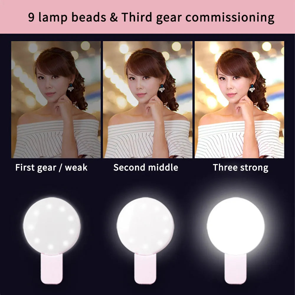 Mini clip-on selfie fill light for mobile phone in white, pink, blue, or black colour options