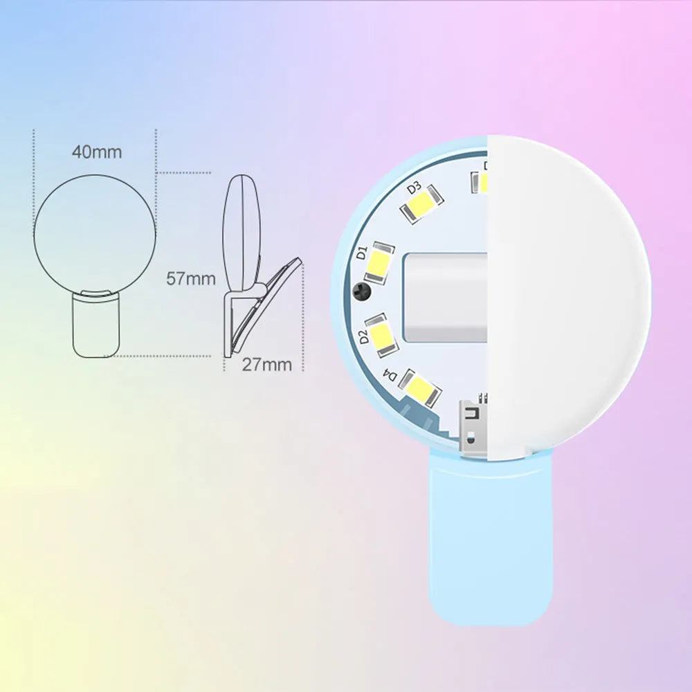 Mini clip-on selfie fill light for mobile phone in white, pink, blue, or black colour options