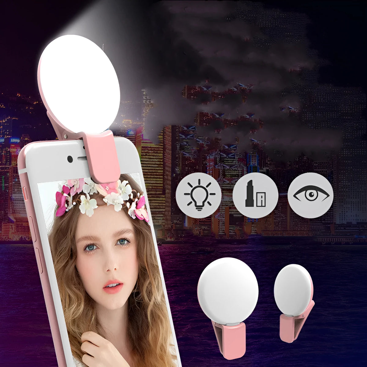 Mini clip-on selfie fill light for mobile phone in white, pink, blue, or black colour options