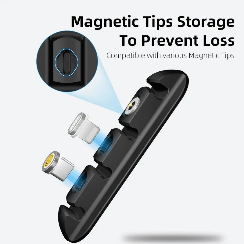 Black soft plastic desktop cable organiser with magnetic clips for charging cables.