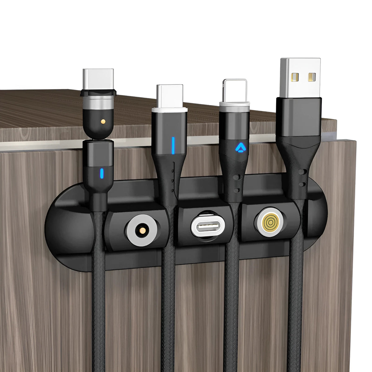 Black soft plastic desktop cable organiser with magnetic clips for charging cables.