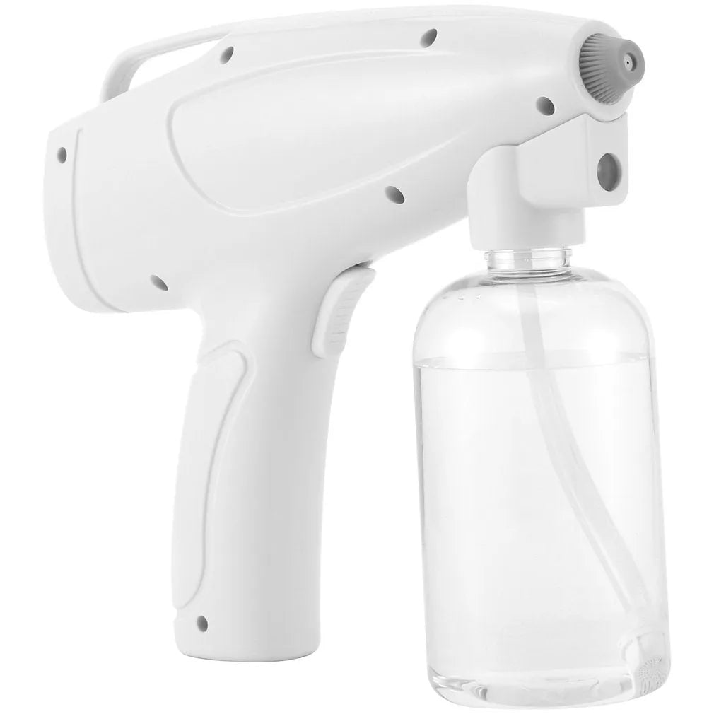 White handheld wireless electric spray gun for disinfection on a plain background.