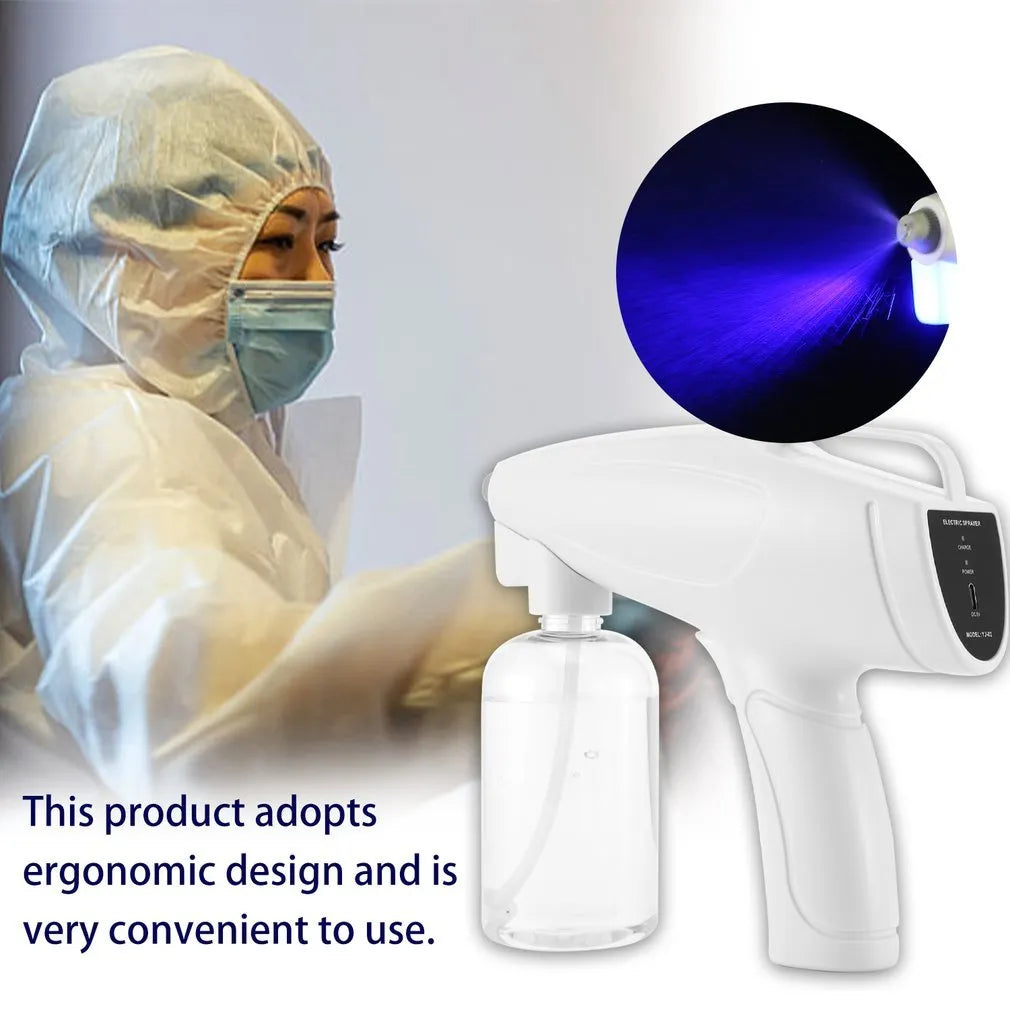 White handheld wireless electric spray gun for disinfection on a plain background.