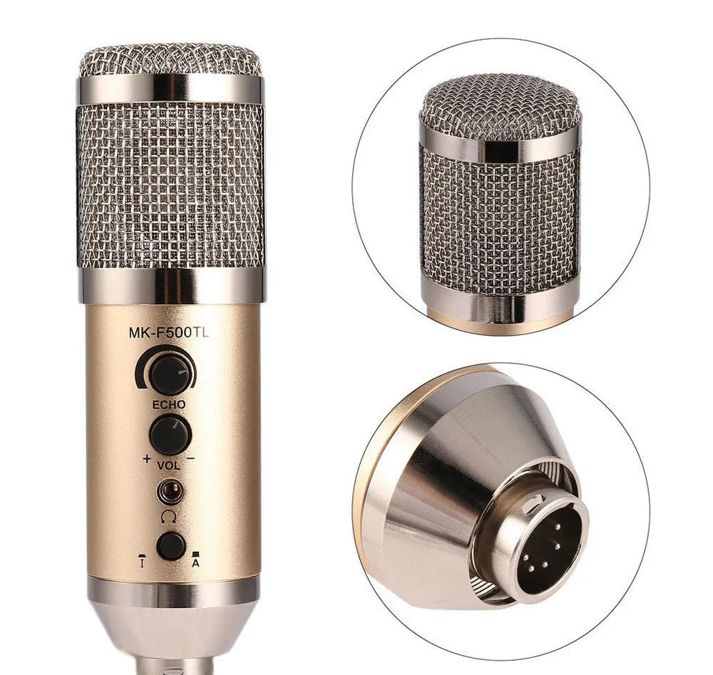Gold USB-C condenser microphone with desktop bracket for mobile phone and computer recording