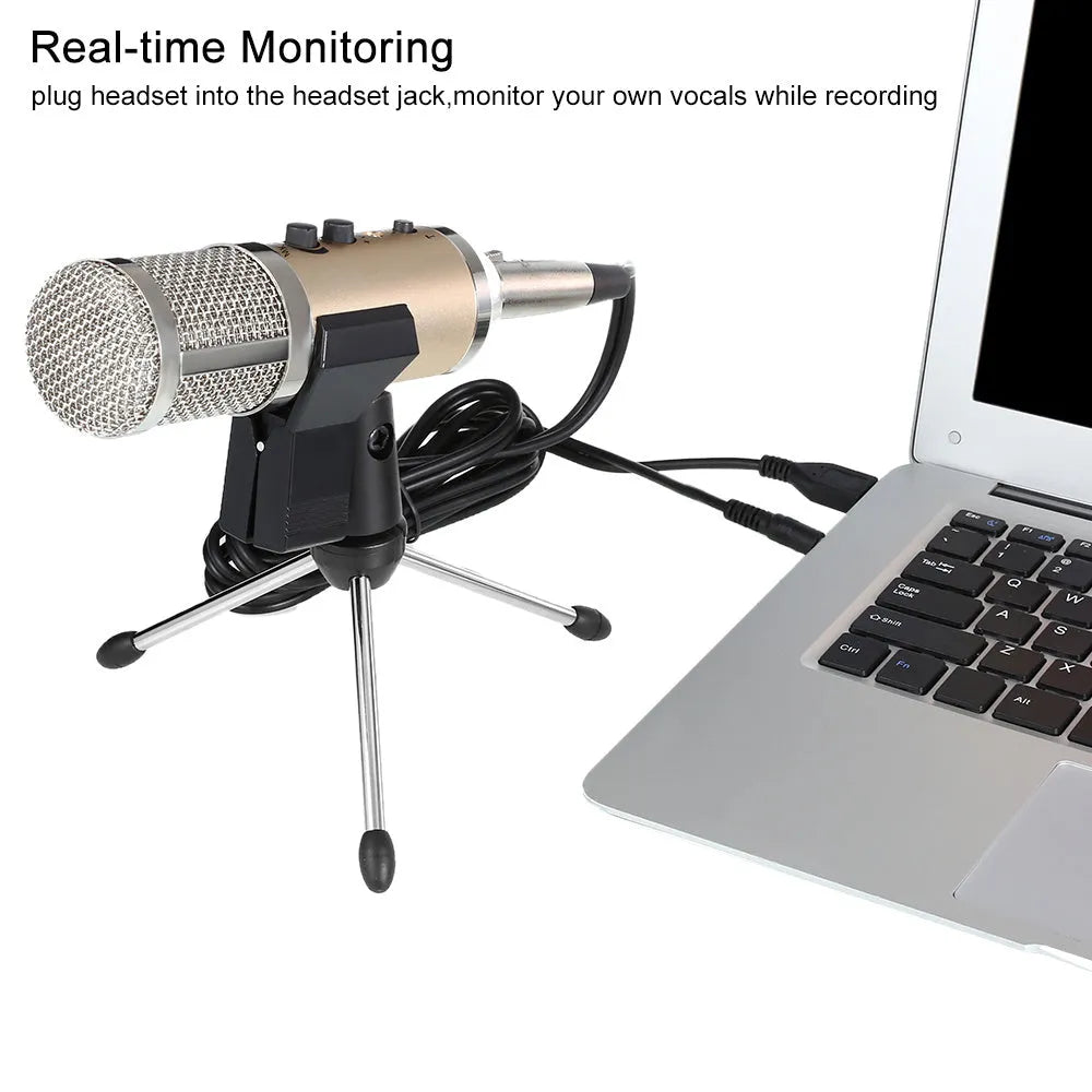 Gold USB-C condenser microphone with desktop bracket for mobile phone and computer recording