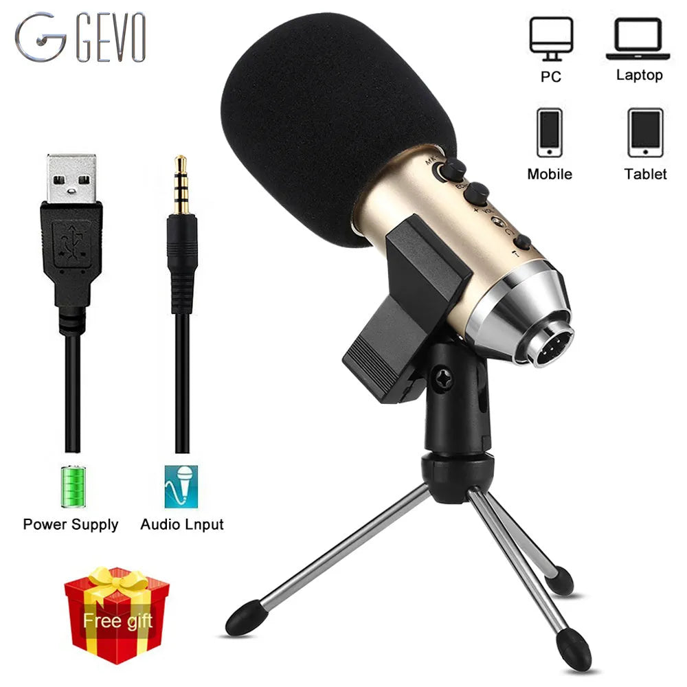 Gold USB-C condenser microphone with desktop bracket for mobile phone and computer recording
