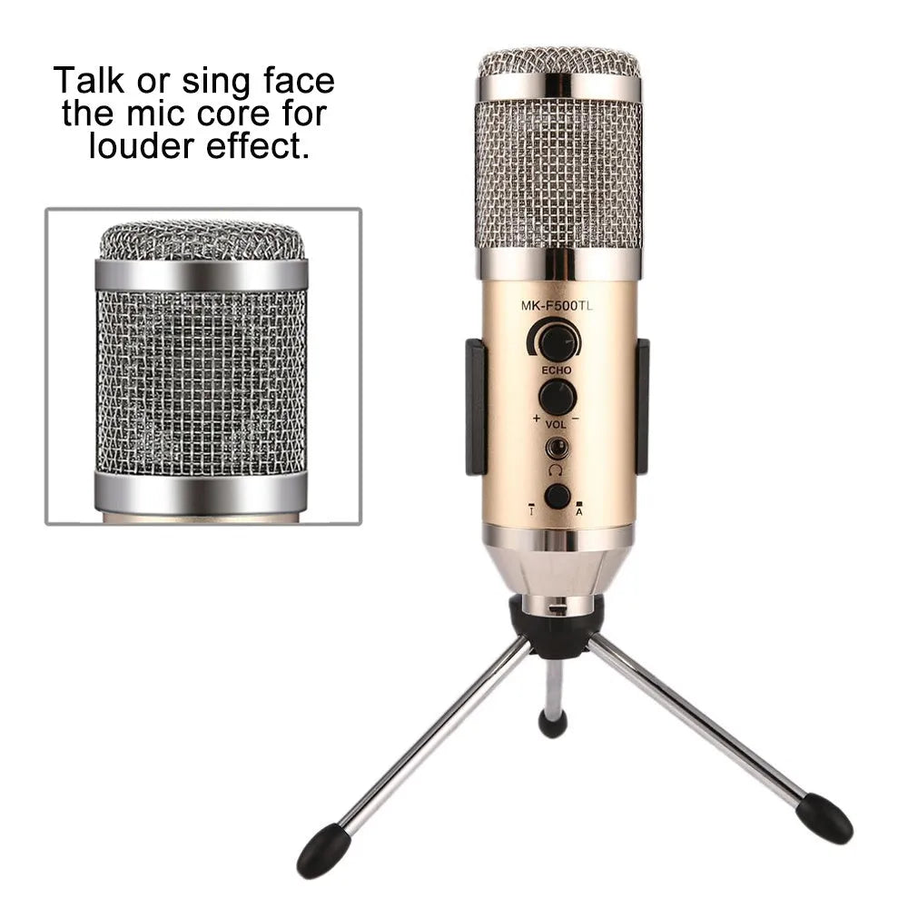 Gold USB-C condenser microphone with desktop bracket for mobile phone and computer recording