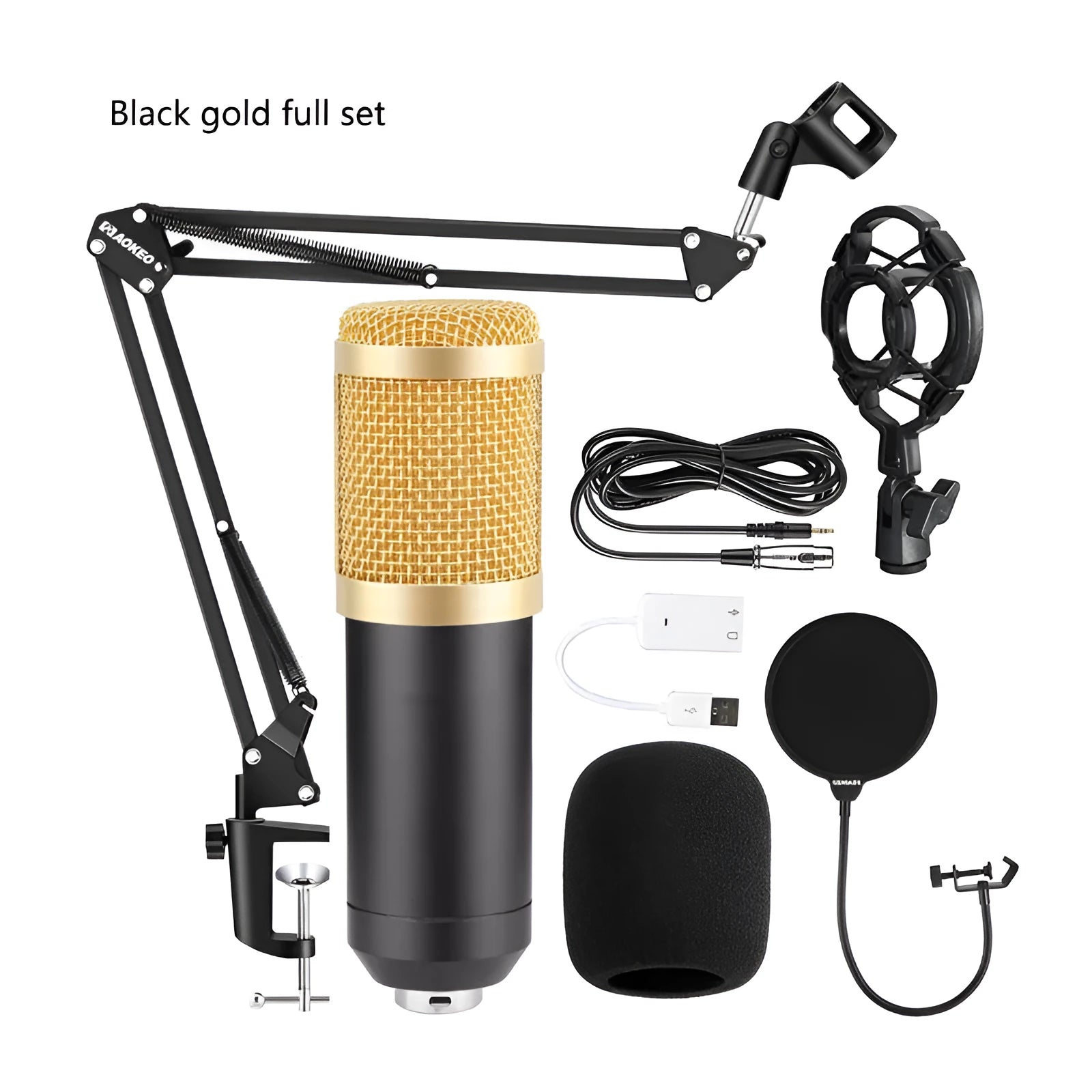 Black BM800 large diaphragm condenser microphone kit with V8 sound card, shock mount, pop filter and 35cm cantilever bracket stand