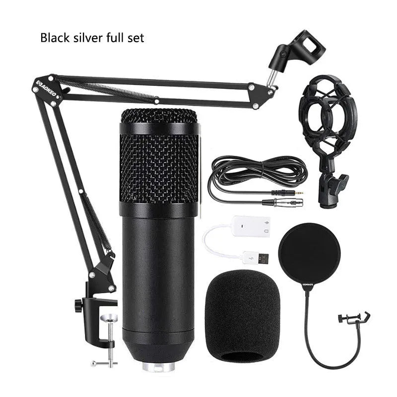 Black BM800 large diaphragm condenser microphone kit with V8 sound card, shock mount, pop filter and 35cm cantilever bracket stand