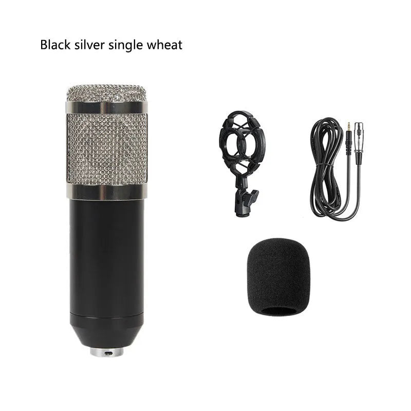 Black BM800 large diaphragm condenser microphone kit with V8 sound card, shock mount, pop filter and 35cm cantilever bracket stand