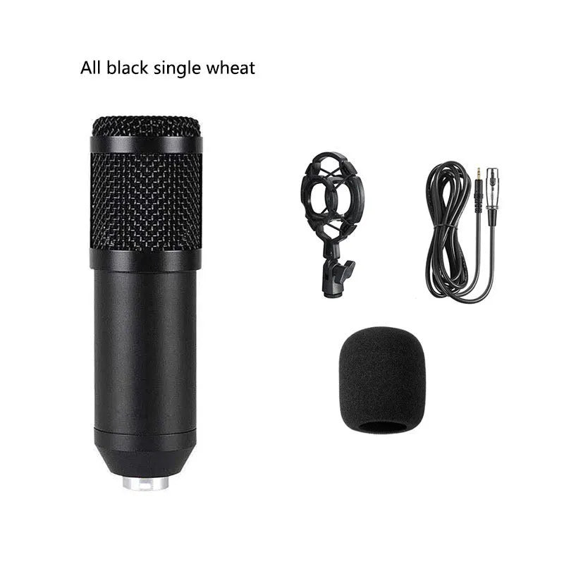 Black BM800 large diaphragm condenser microphone kit with V8 sound card, shock mount, pop filter and 35cm cantilever bracket stand