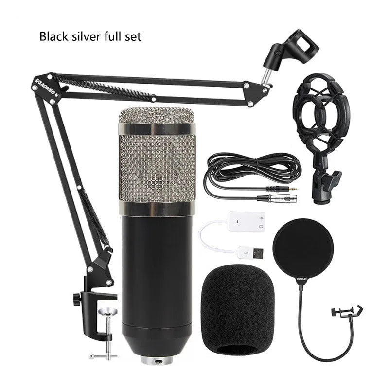 Black BM800 large diaphragm condenser microphone kit with V8 sound card, shock mount, pop filter and 35cm cantilever bracket stand