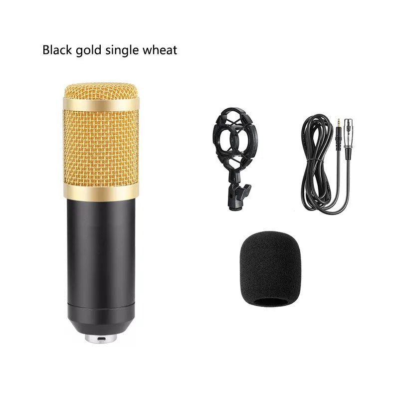 Black BM800 large diaphragm condenser microphone kit with V8 sound card, shock mount, pop filter and 35cm cantilever bracket stand