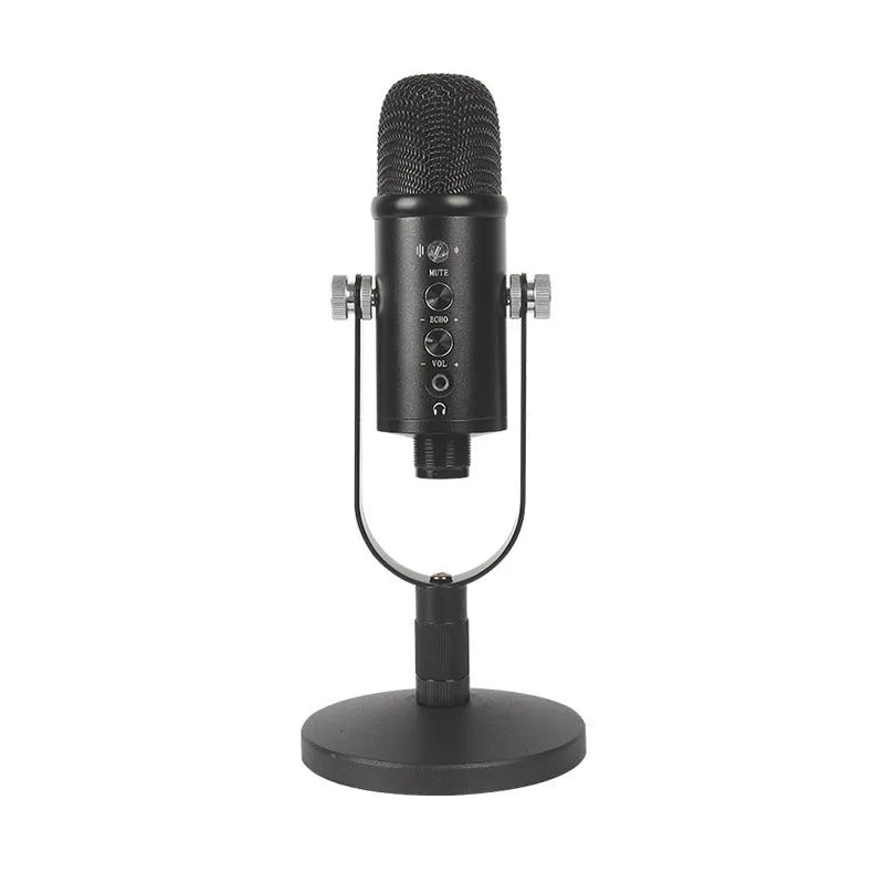 JIY BM-86PRO black USB condenser microphone on metal stand with foam cover