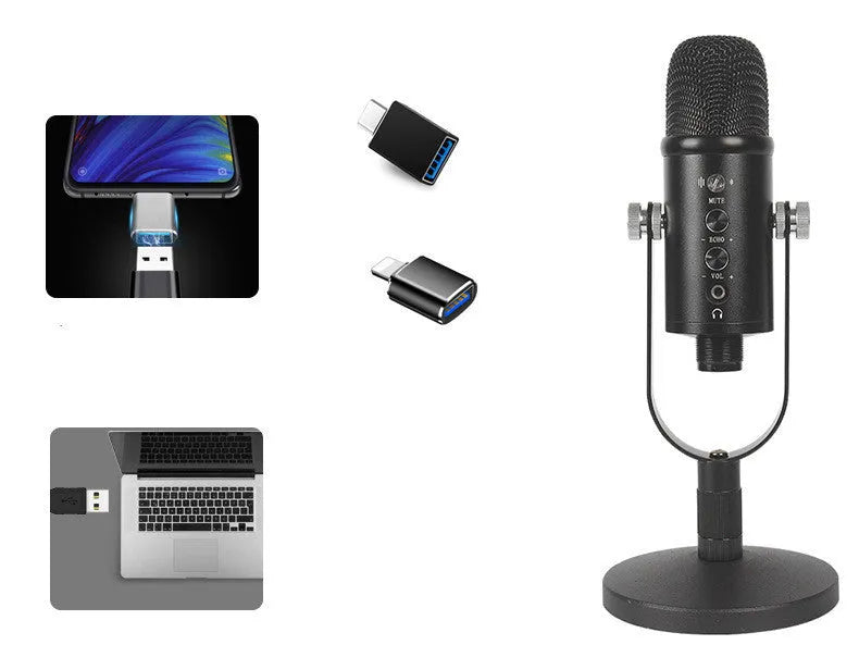 JIY BM-86PRO black USB condenser microphone on metal stand with foam cover