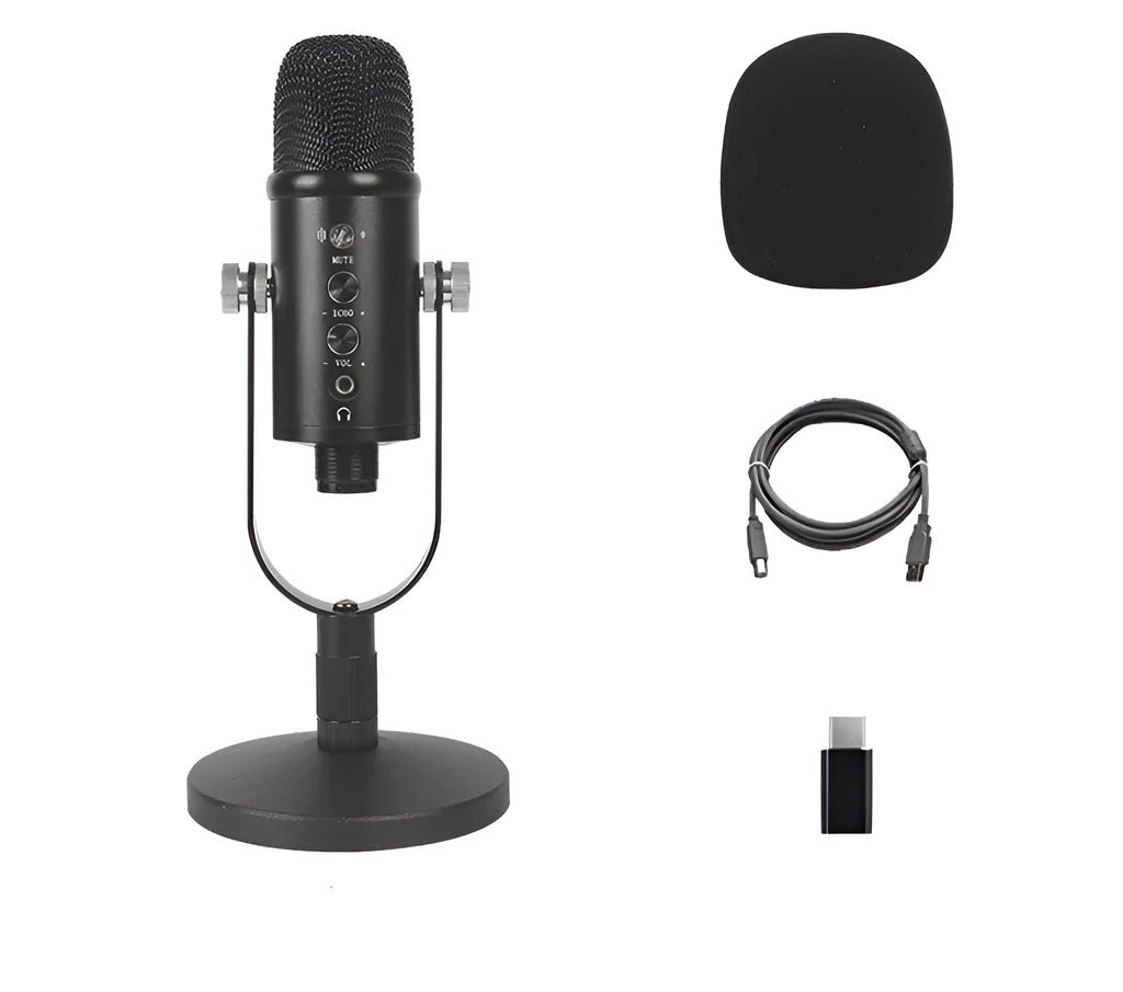 JIY BM-86PRO black USB condenser microphone on metal stand with foam cover