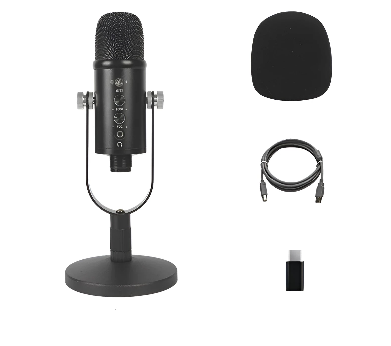 JIY BM-86PRO black USB condenser microphone on metal stand with foam cover