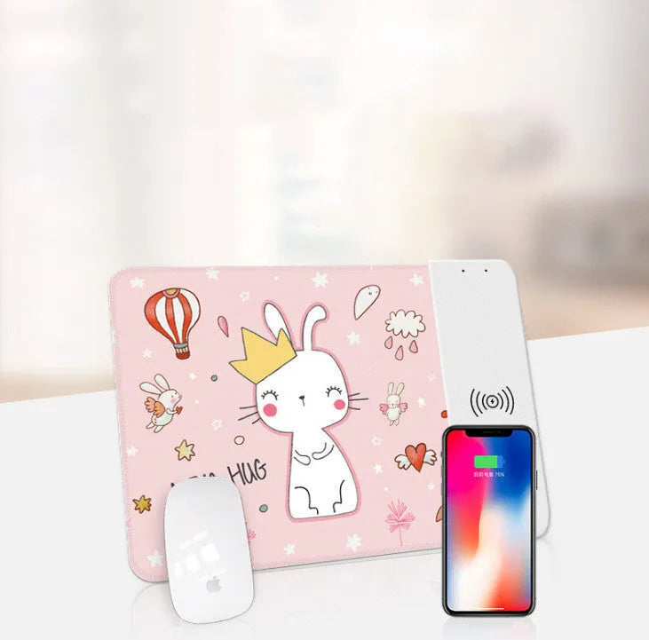 Black wireless charging mouse pad with RGB lighting and cartoon design measuring 298x215mm
