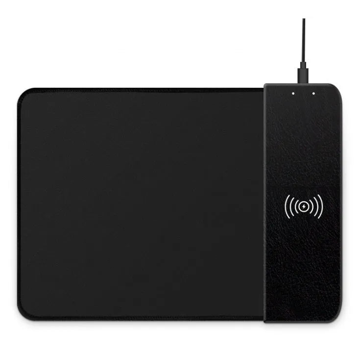 Black wireless charging mouse pad with RGB lighting and cartoon design measuring 298x215mm