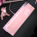 Pink mechanical keyboard and wired mouse gaming set with green switches and USB cables