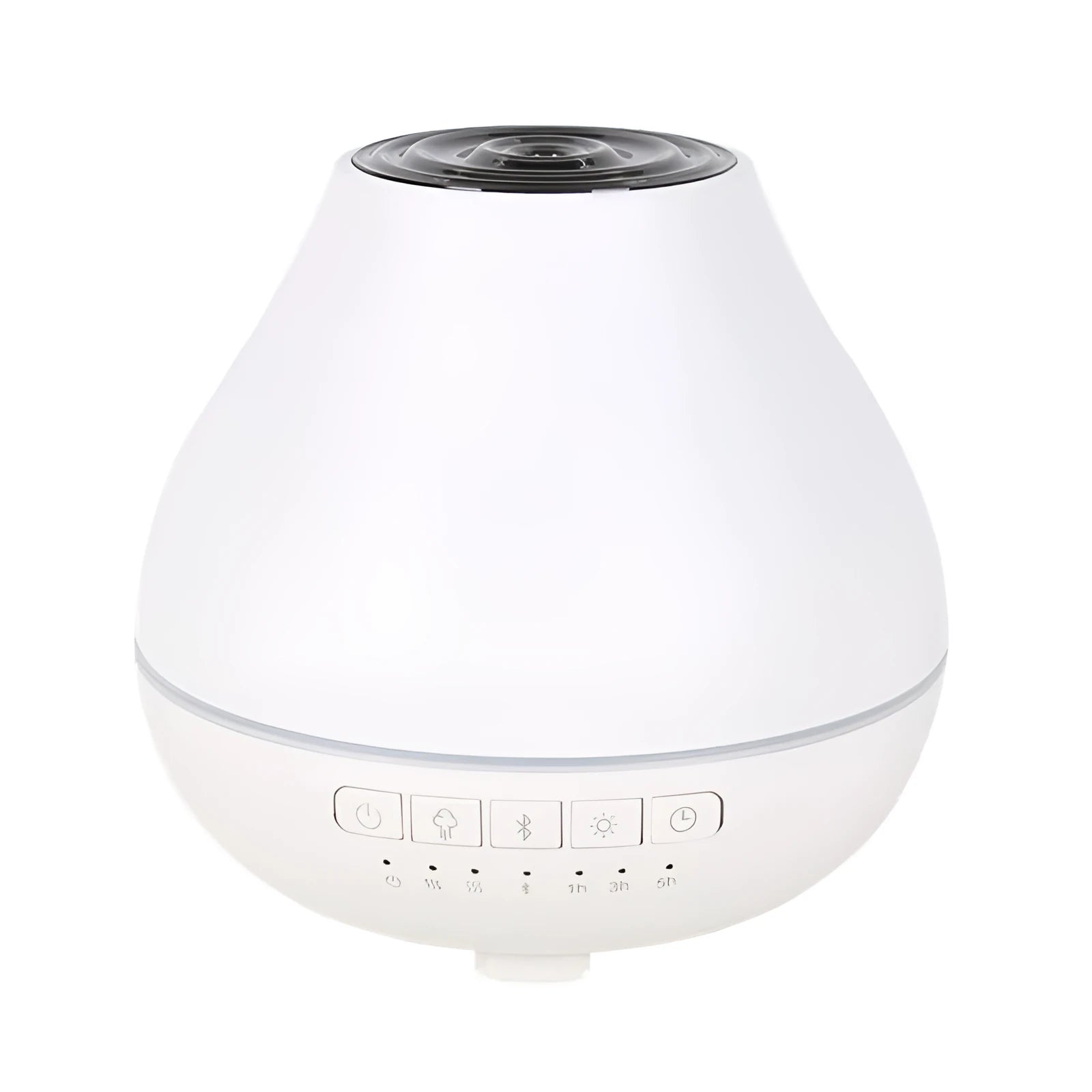 Round white Bluetooth humidifier and aroma diffuser with night light on a wooden surface.