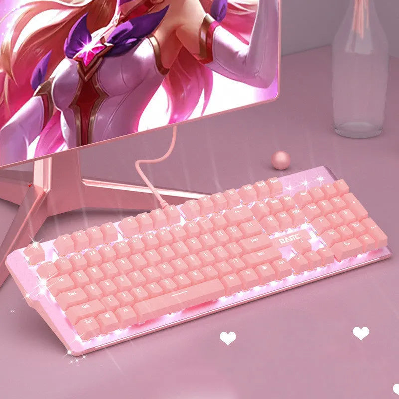 Pink mechanical keyboard and wired mouse gaming set with green switches and USB cables