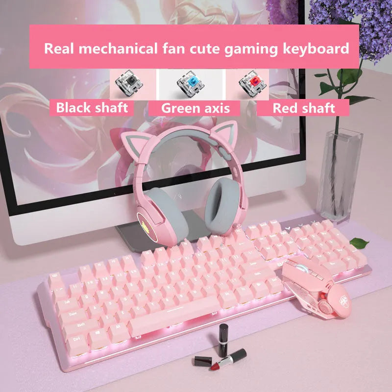 Pink mechanical keyboard and wired mouse gaming set with green switches and USB cables
