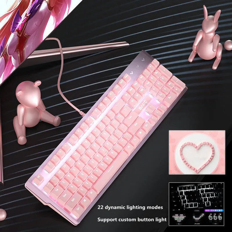 Pink mechanical keyboard and wired mouse gaming set with green switches and USB cables