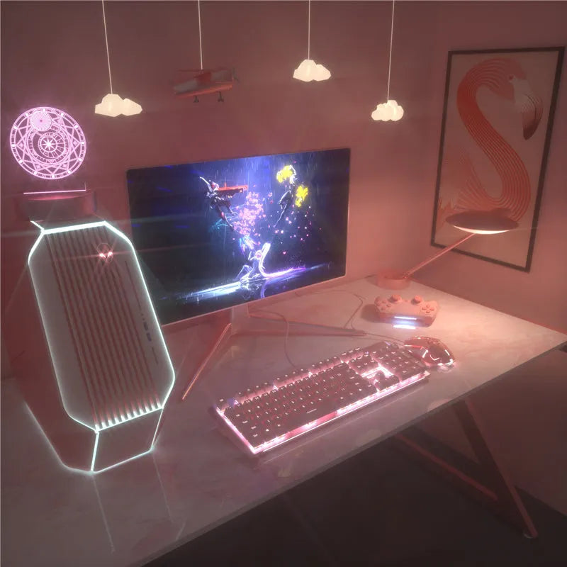 Pink mechanical keyboard and wired mouse gaming set with green switches and USB cables